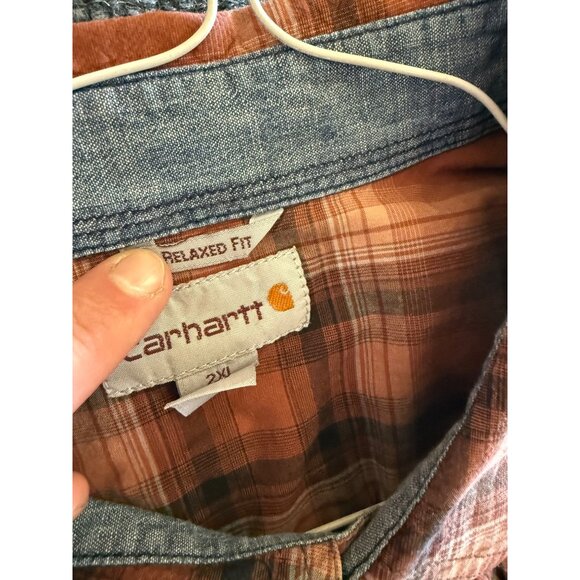 Carhartt Mens 2XL Relaxed Fit Plaid Short-Sleeve Button-Up Shirt Orange/Brown - Picture 4 of 10